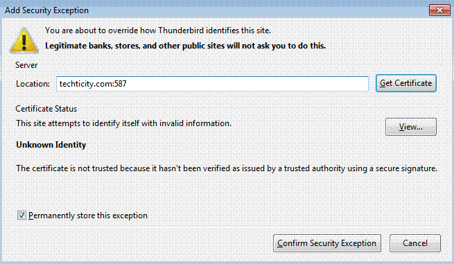 Confirming the security exception for SMTP